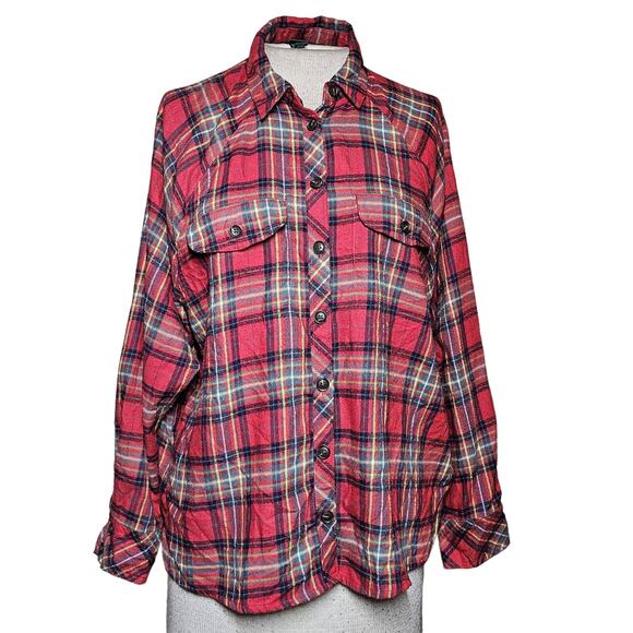Red Plaid Button Up Flannel Top with Pockets Size XS - Picture 1 of 4